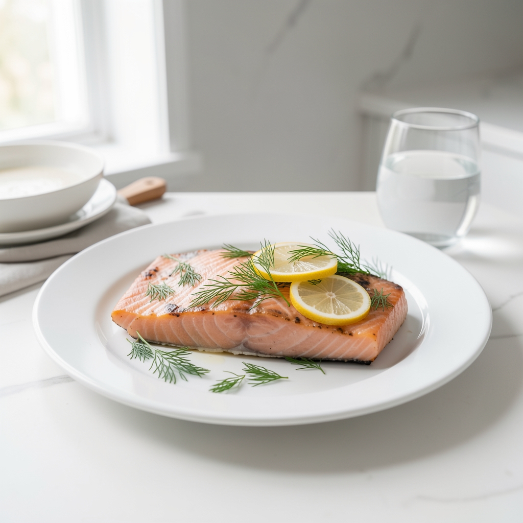 Gedämpfter Lachs mit Zitronenscheiben und frischem Dill auf weißem Teller, helles Tageslicht, minimalistische Küchenkomposition